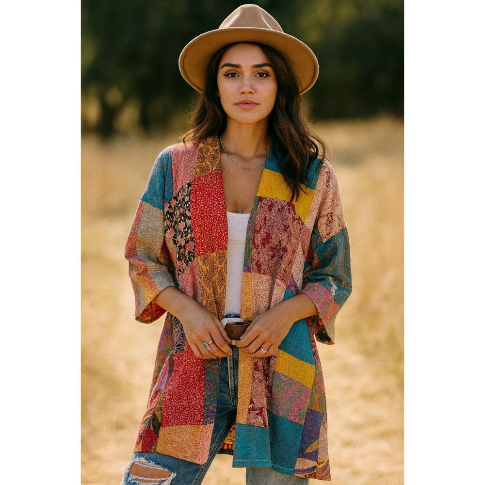 VTG Silk Patchwork Kimono Jacket Hand Stitched Multicolor Boho Coat Paper Lace